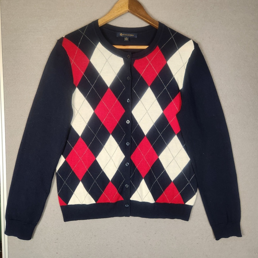Brooks Brothers Cardigan Women's L Navy Red Argyle Wool Blend Preppy Academia